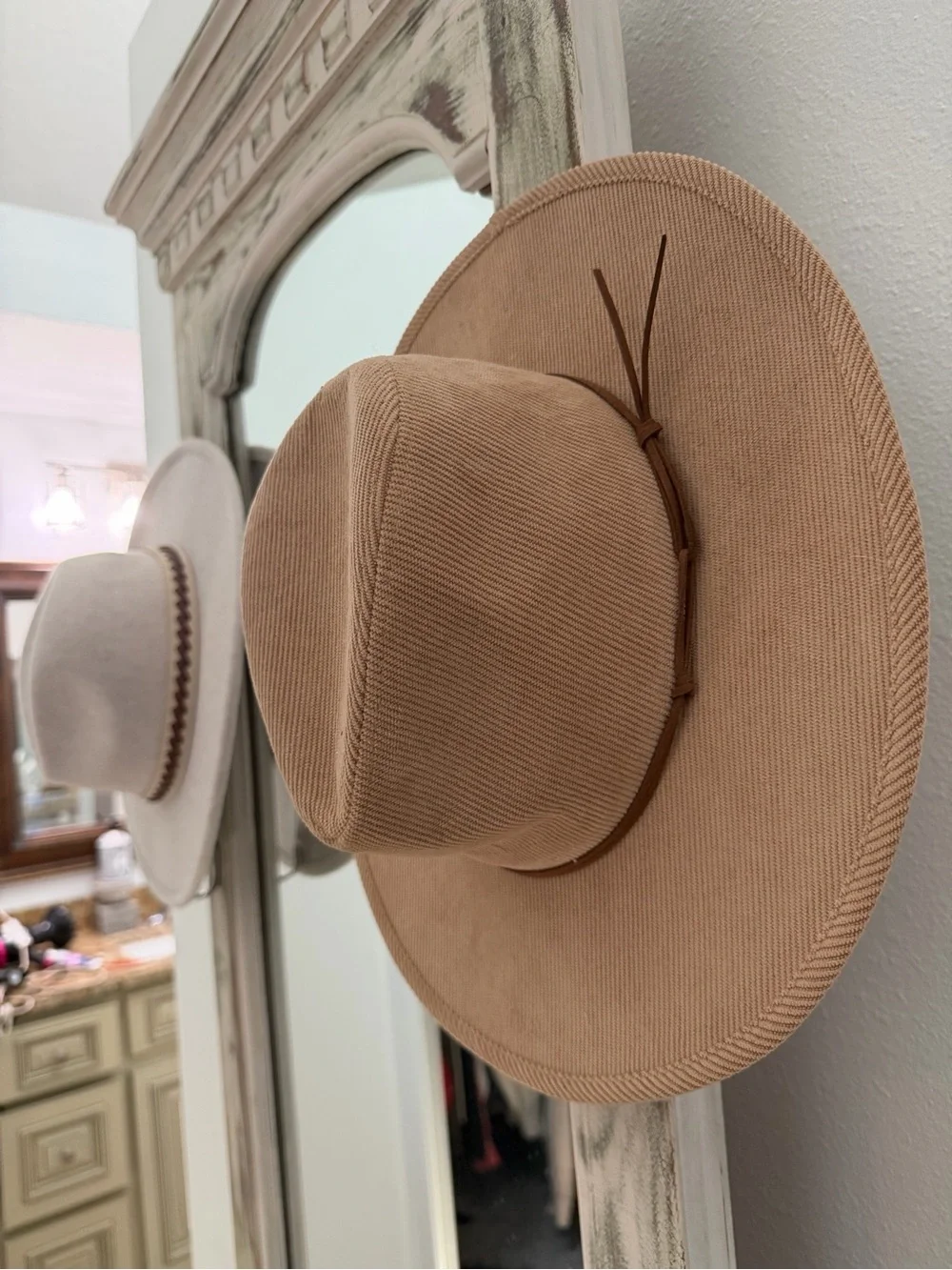 Womens Beige Hat with Braided Band // Corduroy hat with leather band